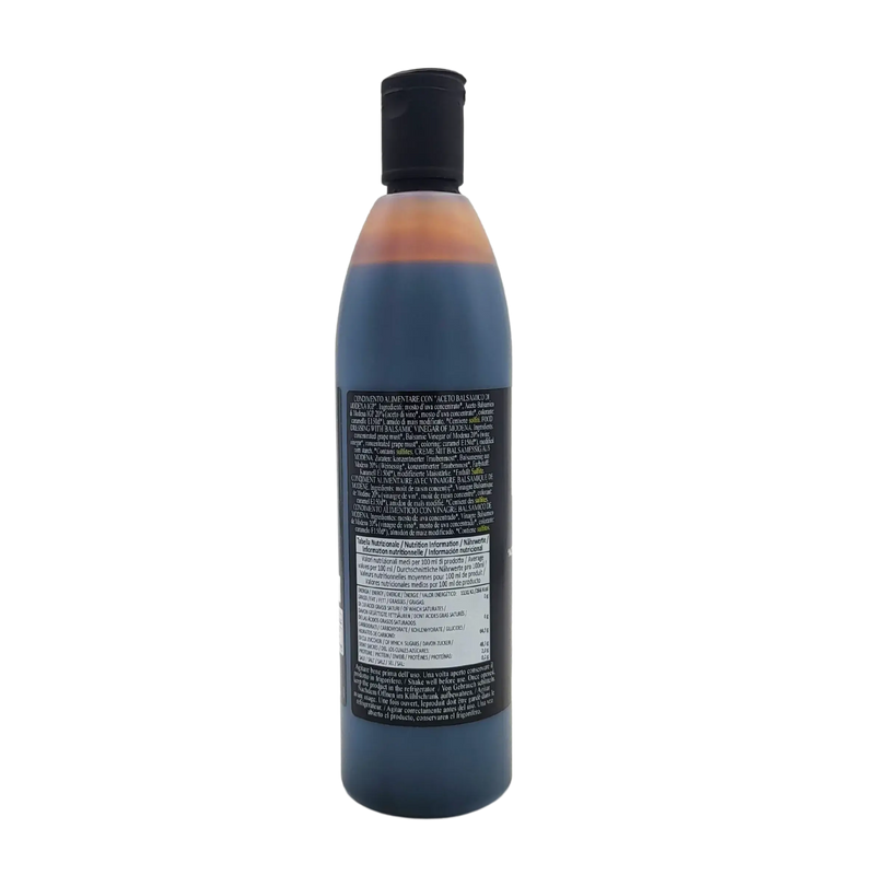 Vue latérale de la crème au vinaigre balsamique de Modène I.G.P. Acetaia del Casale 500ml, avec ingrédients détaillés, allergènes et tableau des valeurs nutritionnelles.