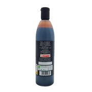 Face arrière de la bouteille de crème au vinaigre balsamique de Modène I.G.P. Acetaia del Casale 500ml, indiquant le producteur, le conditionneur et les recommandations de conservation.