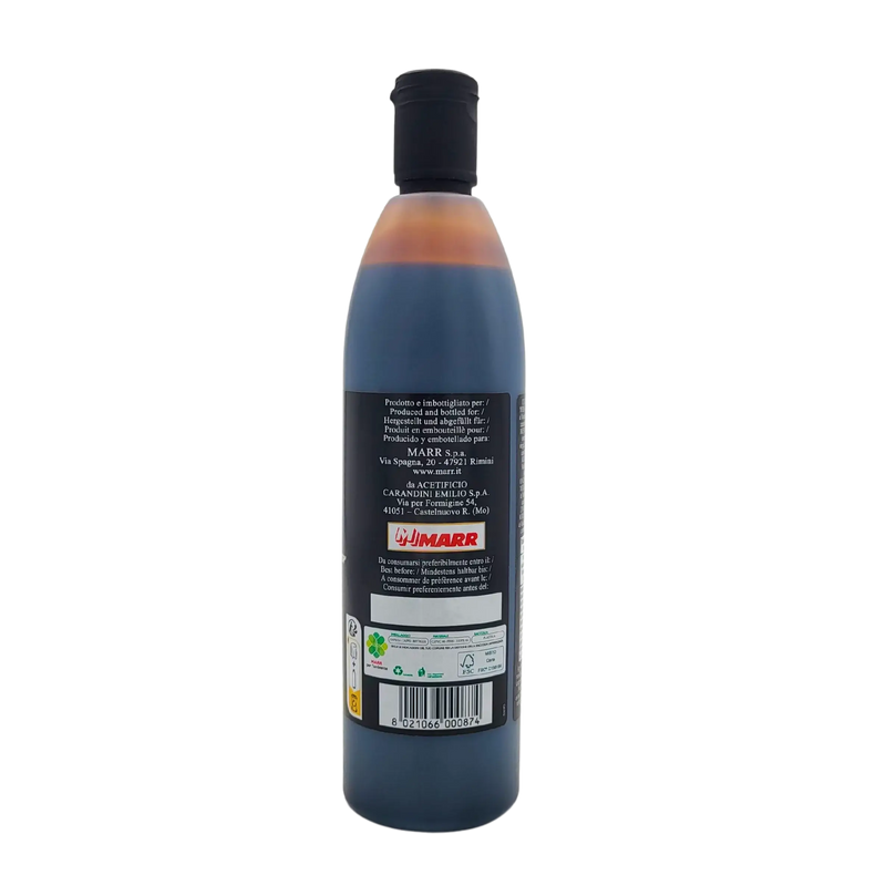 Face arrière de la bouteille de crème au vinaigre balsamique de Modène I.G.P. Acetaia del Casale 500ml, indiquant le producteur, le conditionneur et les recommandations de conservation.