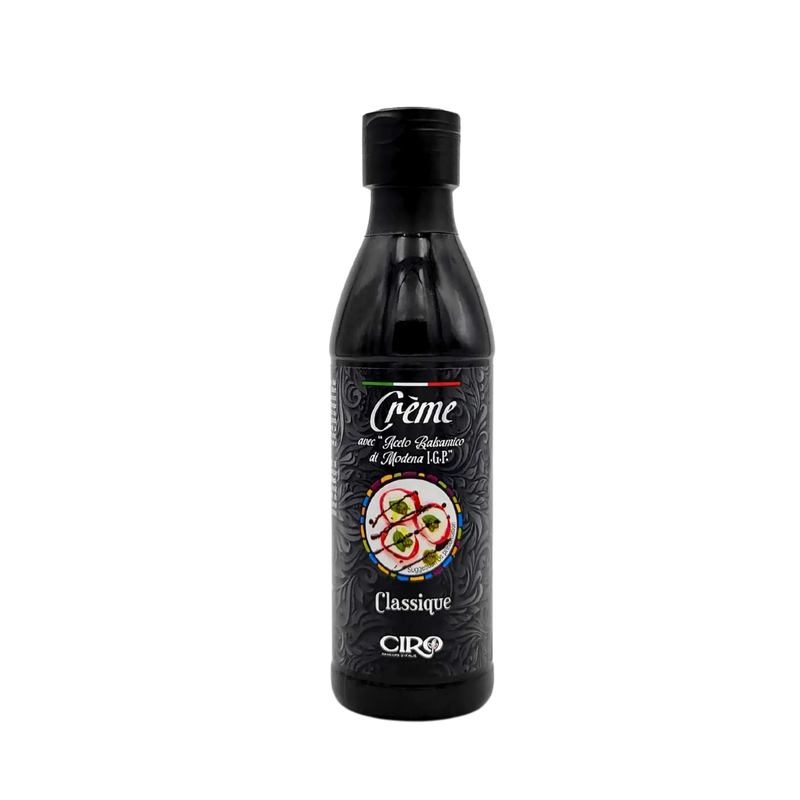 Face avant de la crème au vinaigre balsamique de Modène I.G.P. classique de la marque Ciro, bouteille de 250ml au design noir élégant avec illustration culinaire.
