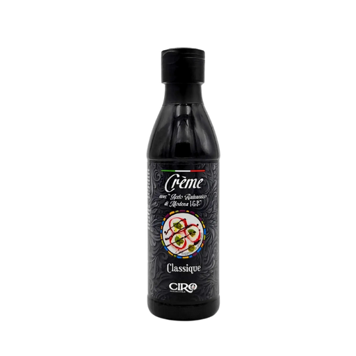 Face avant de la crème au vinaigre balsamique de Modène I.G.P. classique de la marque Ciro, bouteille de 250ml au design noir élégant avec illustration culinaire.
