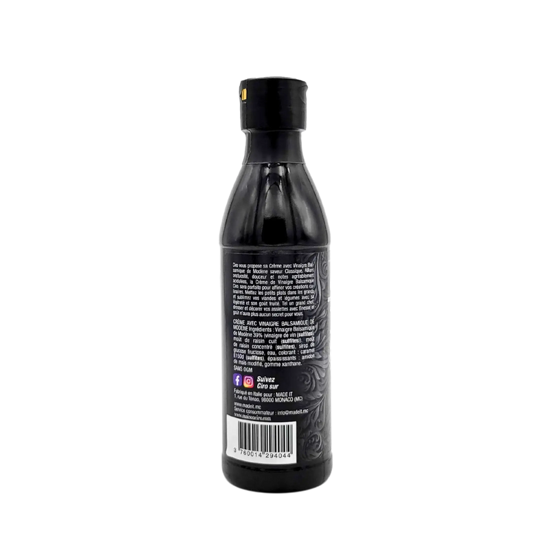 Côté de la bouteille de crème au vinaigre balsamique de Modène I.G.P. Ciro 250ml, avec description du produit, liste des ingrédients et coordonnées du fabricant.