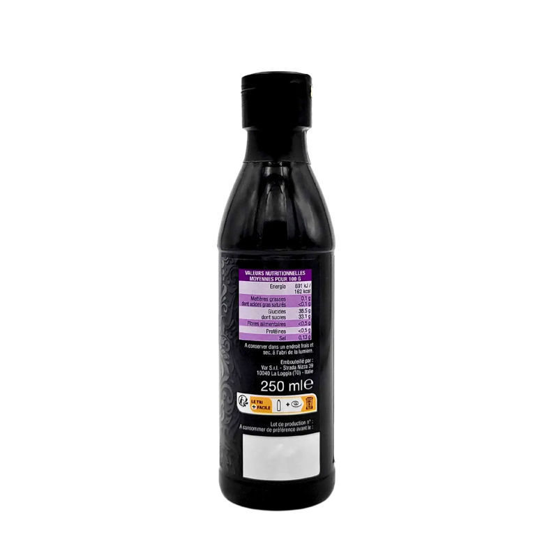 Vue latérale de la crème de vinaigre balsamique de Modène I.G.P. classique Ciro 250ml, mettant en évidence le tableau des valeurs nutritionnelles.