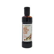 Face avant de la crème de vinaigre balsamique de Modène I.G.P. à la truffe blanche, bouteille de 250ml de la marque Carandini, avec illustration de chien truffier.