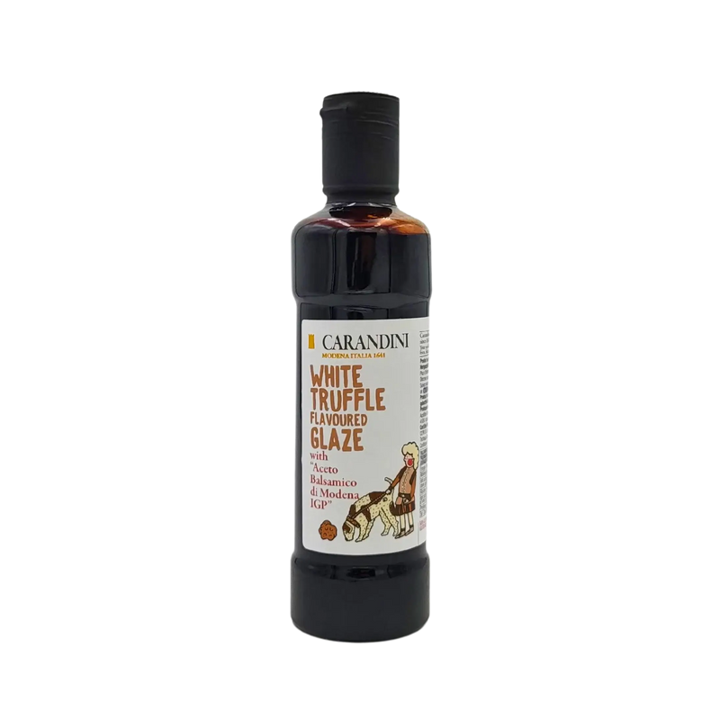 Face avant de la crème de vinaigre balsamique de Modène I.G.P. à la truffe blanche, bouteille de 250ml de la marque Carandini, avec illustration de chien truffier.