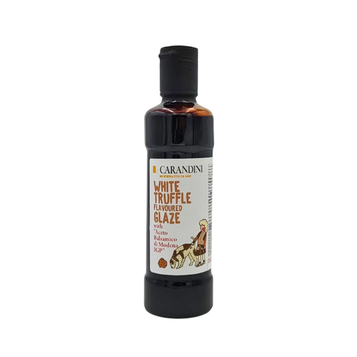 Face avant de la crème de vinaigre balsamique de Modène I.G.P. à la truffe blanche, bouteille de 250ml de la marque Carandini, avec illustration de chien truffier.
