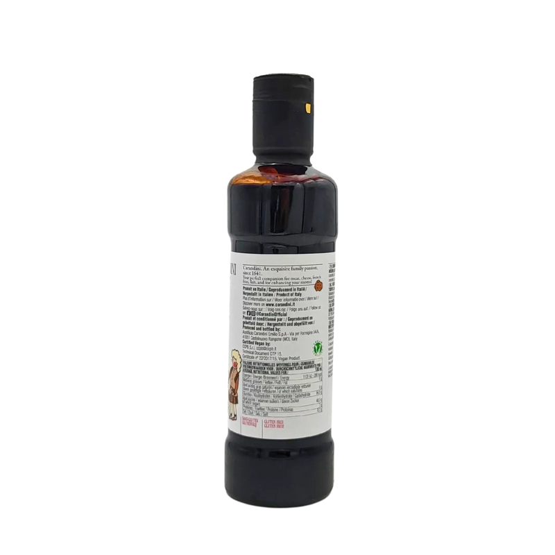 Côté opposé de la bouteille de crème de vinaigre balsamique de Modène I.G.P. à la truffe blanche Carandini 250ml, avec les informations sur le fabricant et les conseils de conservation.