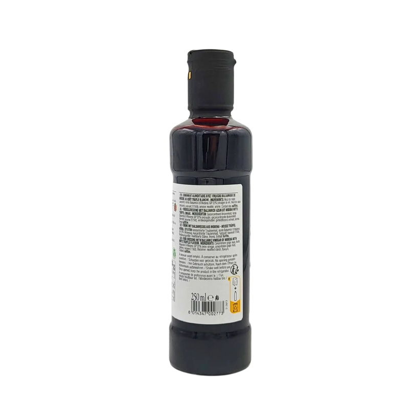 Vue latérale de la crème de vinaigre balsamique de Modène I.G.P. à la truffe blanche Carandini 250ml, mettant en évidence la liste des ingrédients et les valeurs nutritionnelles.