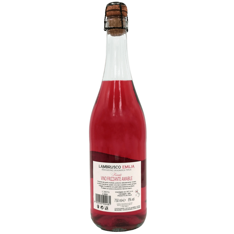 Bouteille de vin Lambrusco Emilie rosé pétillant biologique de 75cl, au design élégant et couleur rouge vif.