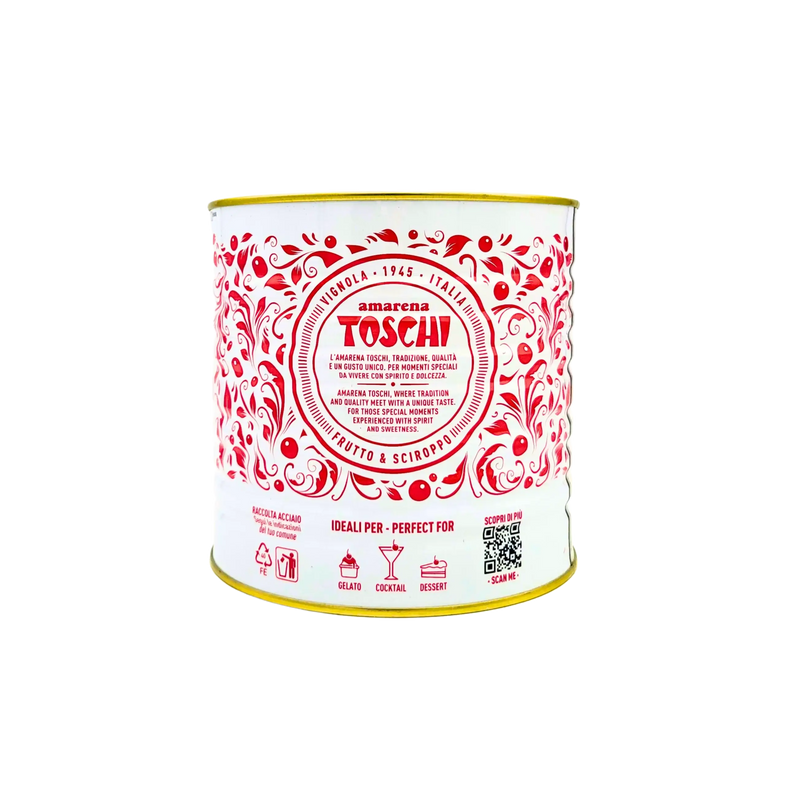 Amarena Toschi Cerises au Sirop 2,7kg, parfait pour desserts et cocktails, emballage coloré et traditionnel.