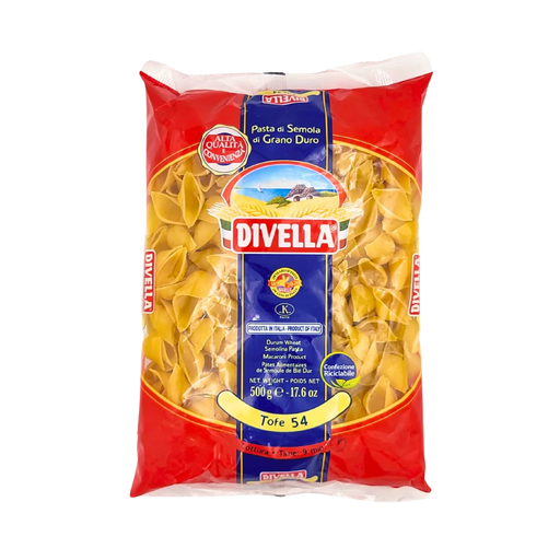 Image du produit Divella Tofe N°54, pâtes en coquilles italiennes 500g, vue de face.
