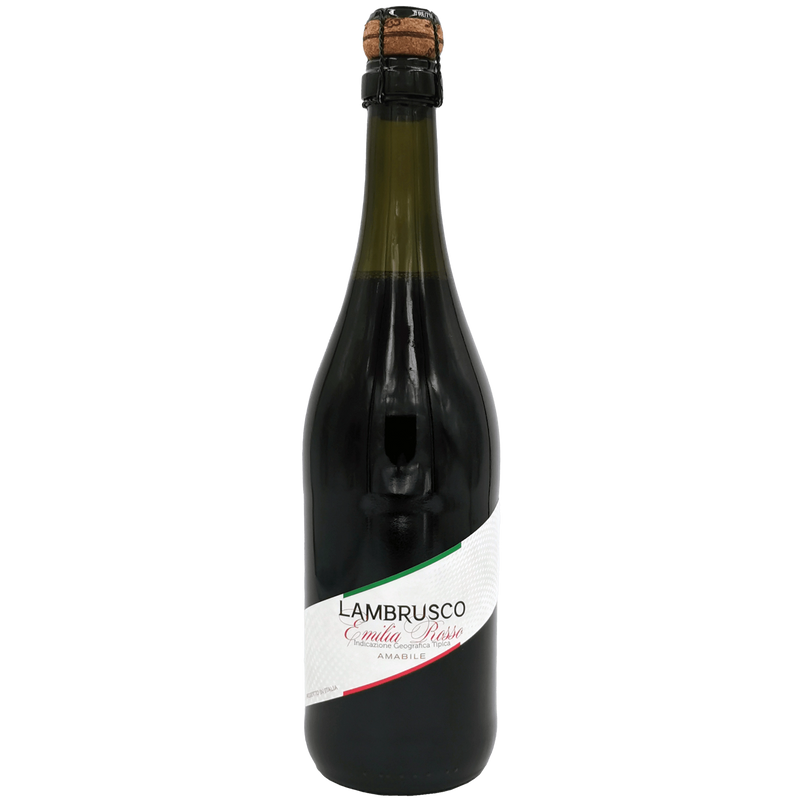 Bouteille de Lambrusco Emilia Rosso Amabile, vin pétillant italien avec étiquette distinctive.