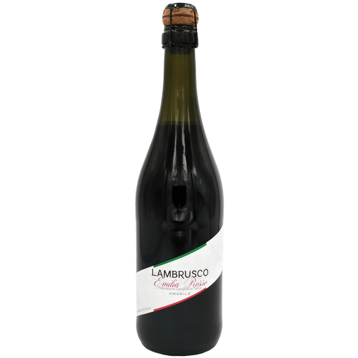 Bouteille de Lambrusco Emilia Rosso Amabile, vin pétillant italien avec étiquette distinctive.