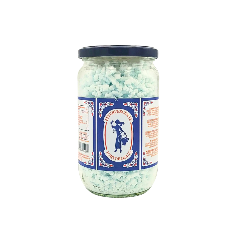 Pot de sel effervescent Tortoroglio 250g - Vue avant avec le logo et la présentation du produit.