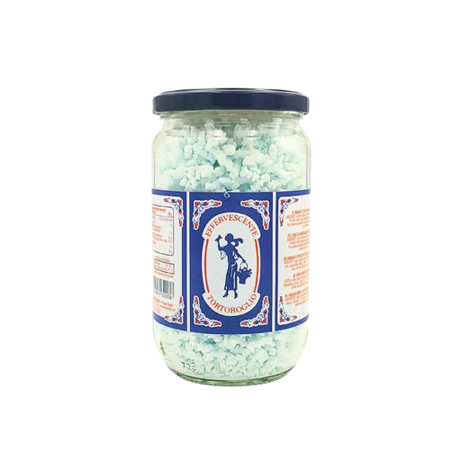Pot de sel effervescent Tortoroglio 250g - Vue avant avec le logo et la présentation du produit.