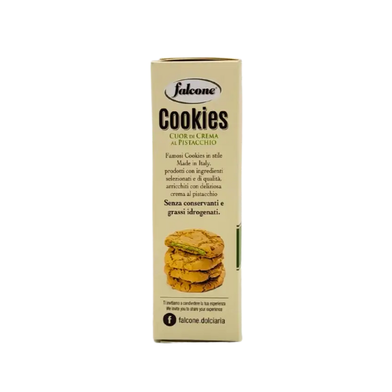 Description marketing des cookies Falcone au cœur de crème pistache sur la tranche du paquet