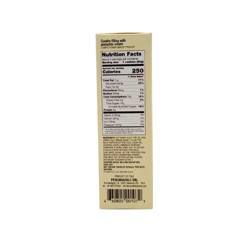 Informations nutritionnelles et ingrédients des cookies Falcone fourrés pistache