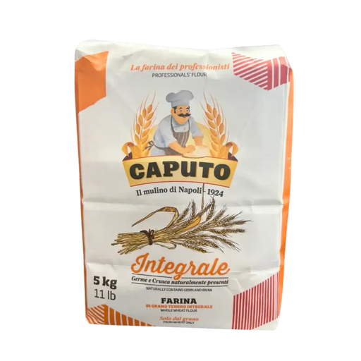 Face avant du sac de 5 kg de farine intégrale Caputo, à base de blé tendre complet, idéale pour la fabrication artisanale de pain, pizza ou focaccia avec son et germe de blé naturellement présents.