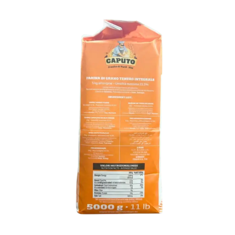 Informations nutritionnelles de la farine complète Caputo 5kg : farine de blé tendre intégrale avec un taux d’humidité max de 15,5 %, riche en fibres et nutriments, idéale pour recettes saines.