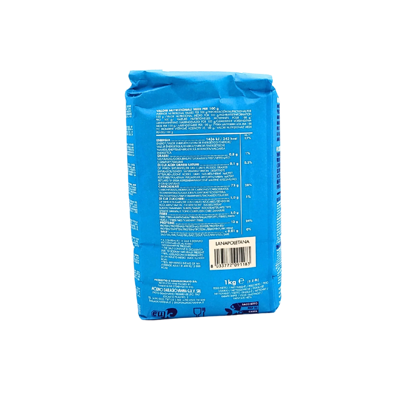 Informations nutritionnelles de la farine de blé tendre type 00 Napoletana, 1 kg. Détails sur la teneur en protéines, glucides et fibres, spécialement formulée pour la pizza napolitaine.