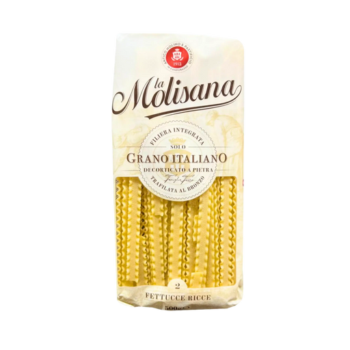 Vue avant du paquet de Fettucce Ricce La Molisana 500g, pâtes italiennes ondulées à base de blé 100% italien, fabriquées selon la méthode traditionnelle avec une filière intégrée et une finition au bronze.