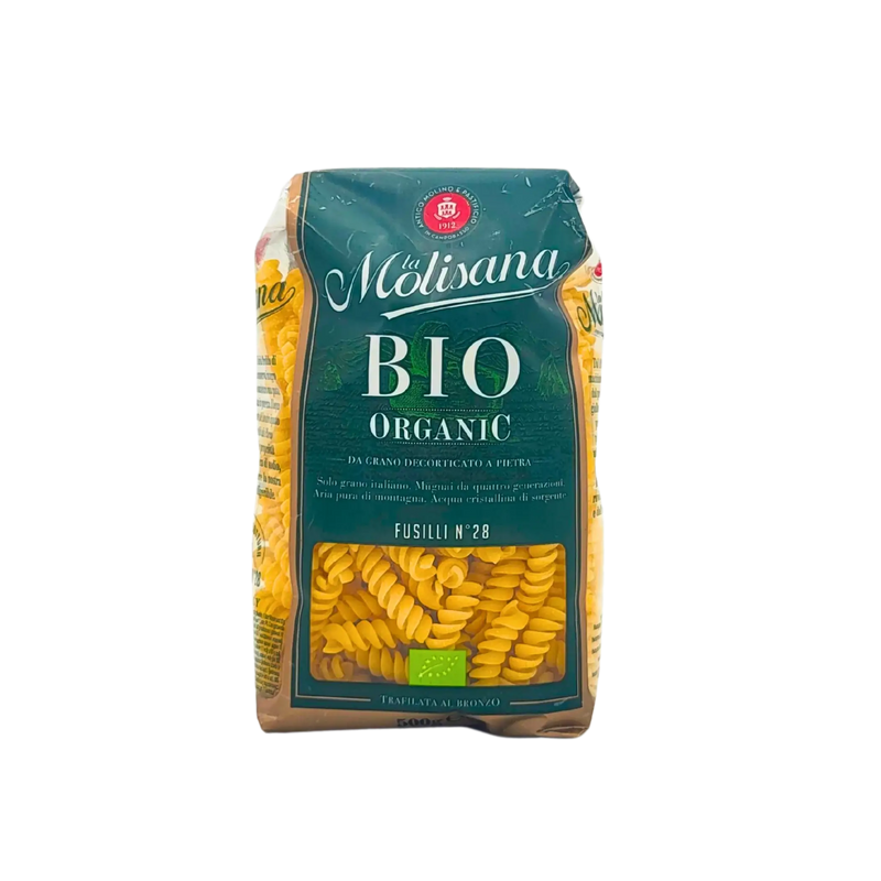 Face avant des Fusilli Bio Organic La Molisana 500g, affichant l'emballage vert et le label bio européen. Pâtes italiennes biologiques.