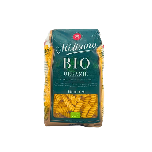 Face avant des Fusilli Bio Organic La Molisana 500g, affichant l'emballage vert et le label bio européen. Pâtes italiennes biologiques.