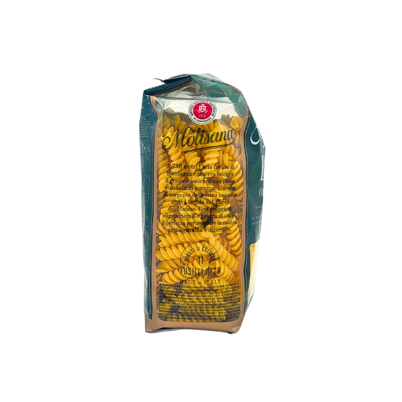 Vue latérale de l'emballage des Fusilli Bio Organic La Molisana 500g, mettant en avant la transparence et la qualité biologique.