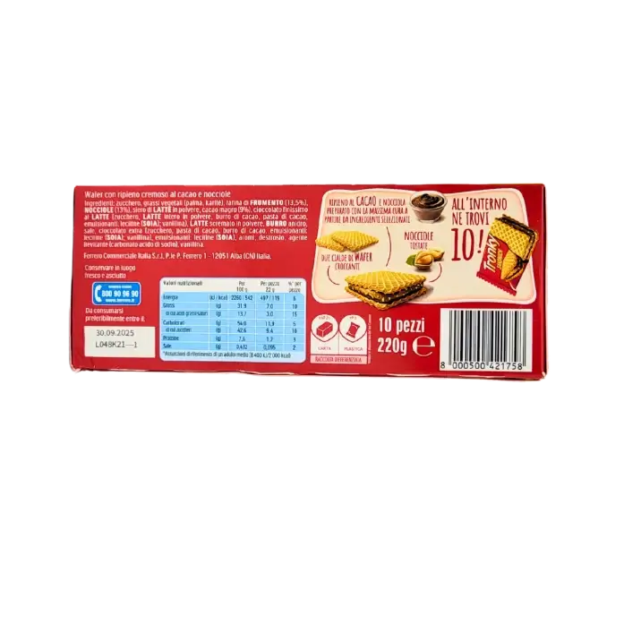 Informations nutritionnelles Tronky sandwich Ferrero cacao et noisette – gaufrette italienne 220g