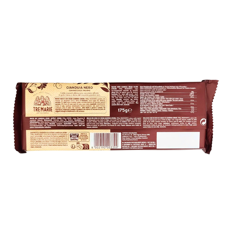 Ingrédients et informations nutritionnelles des gaufrettes au chocolat noir Gianduia, Tre Marie, emballage 175g