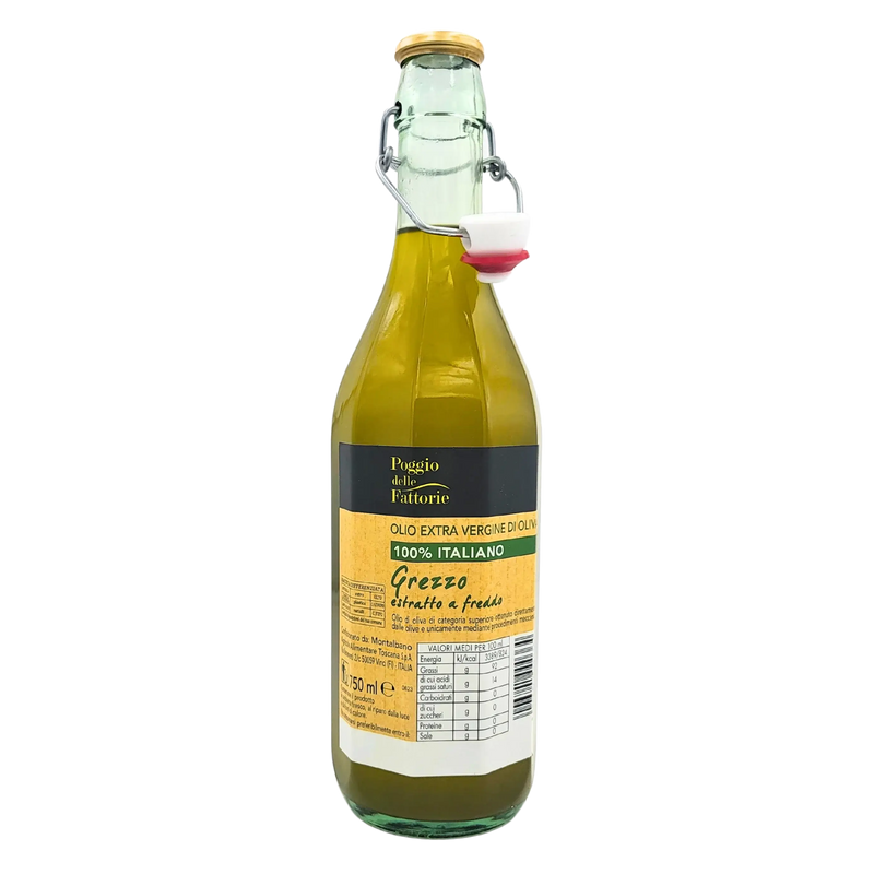 Vue arrière de la bouteille d'huile d'olive extra vierge 100% italienne Poggio delle Fattorie, 750 ml, étiquette nutritionnelle et informations.