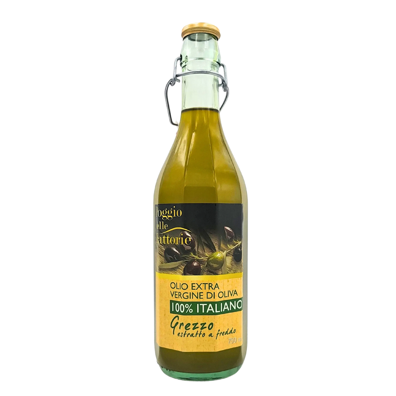Vue avant de la bouteille d'huile d'olive extra vierge 100% italienne Poggio delle Fattorie, 750 ml, avec étiquette principale.