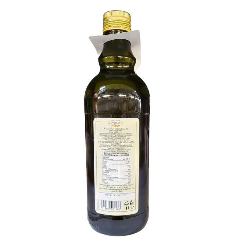 Étiquette arrière de l'huile d'olive extra vierge A Paesana 1L - Informations nutritionnelles et composition