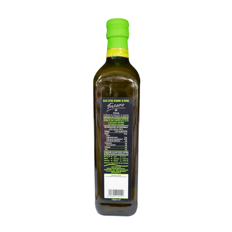 Dos de la bouteille d'huile d'olive extra vierge Toscano IGP Morettini 750ml, avec informations nutritionnelles.