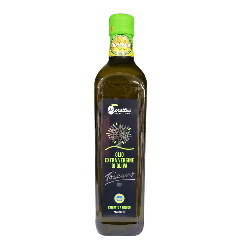 Bouteille d'huile d'olive extra vierge Toscano IGP Morettini 750ml, extraite à froid.