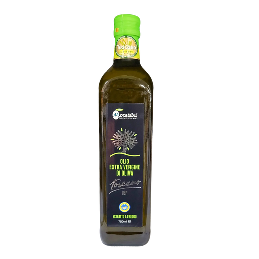 Bouteille d'huile d'olive extra vierge Toscano IGP Morettini 750ml, extraite à froid.
