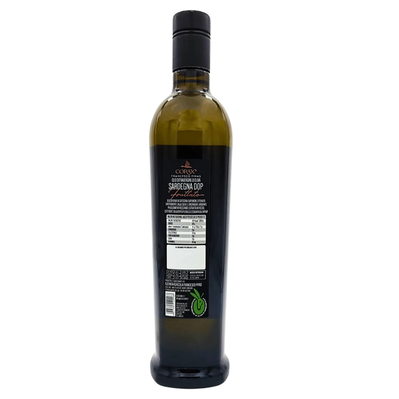 Informations et valeurs nutritionnelles de l'huile d'olive extra vierge de Sardaigne DOP Corax Francesco Piras 750ml