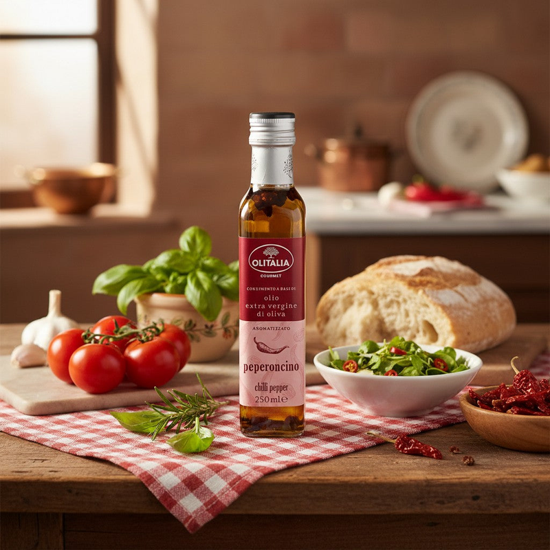 Huile Olive Pimentée Olitalia - Aromatisée au piment (25 cl) — en situation