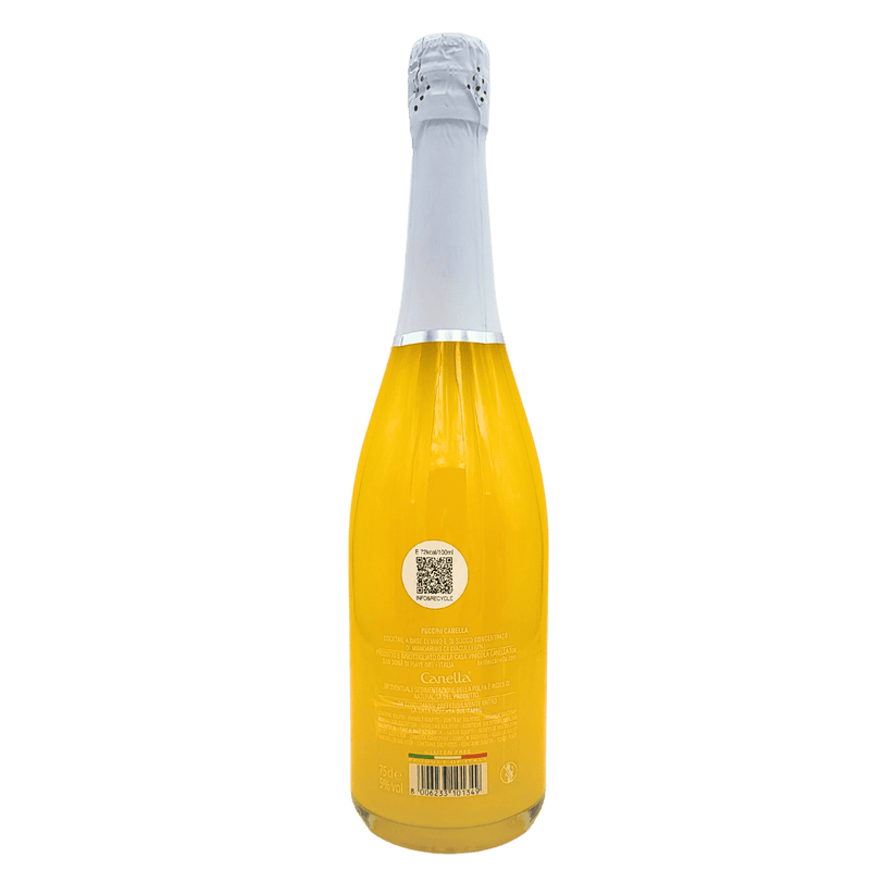 Vue de dos de la bouteille de l'aperitivo Puccini au mandarino tardivo di Ciaculli de Canella, 75cl avec détails d’étiquetage et informations produit.