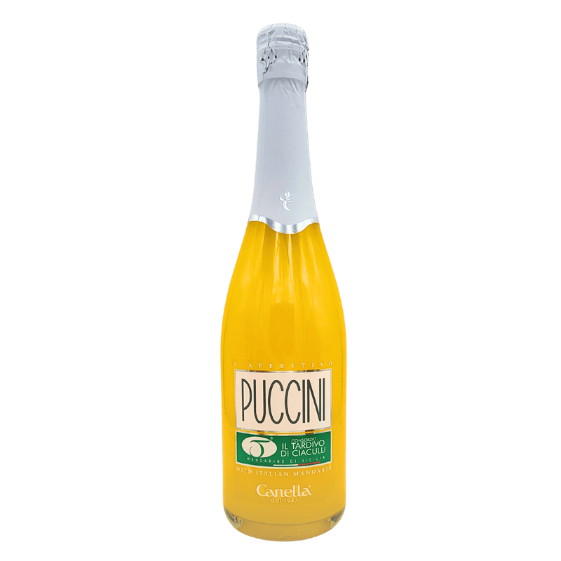 Vue de face de la bouteille de l'aperitivo Puccini au mandarino tardivo di Ciaculli de Canella, 75cl.