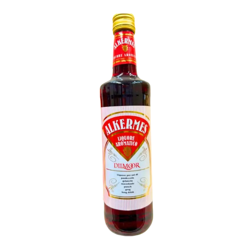 Face avant de la bouteille de liqueur Alkermes Dilmoor 70cl, liqueur italienne rouge vif aux arômes floraux et épicés, utilisée dans les desserts traditionnels comme la zuppa inglese.