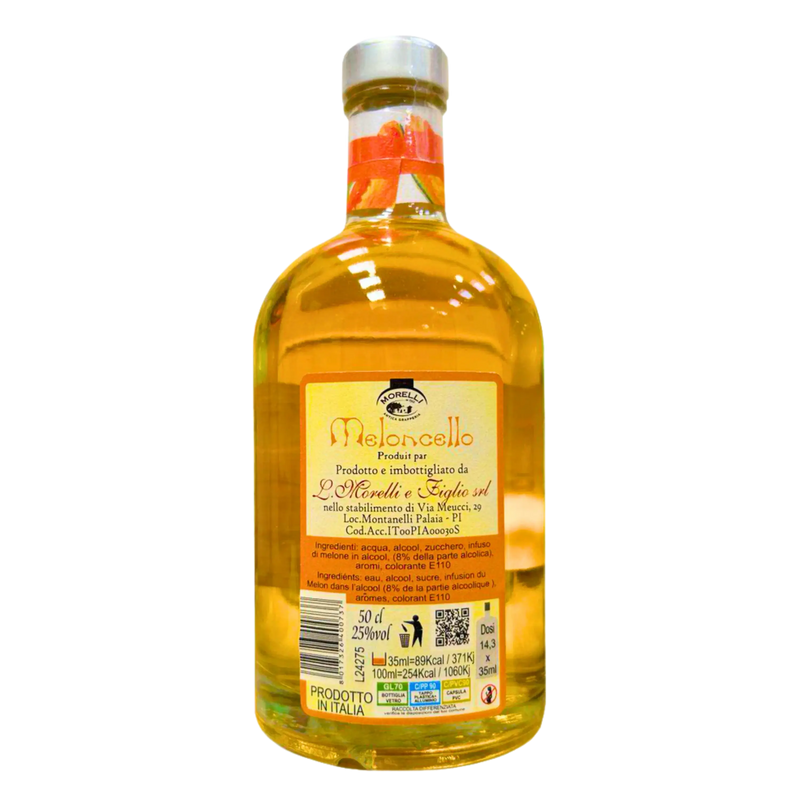 Vue arrière de la liqueur Meloncino Morelli 50cl, mettant en avant les détails de la composition et les informations nutritionnelles.