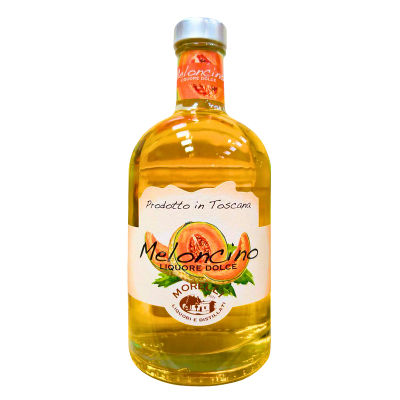Vue avant de la liqueur Meloncino Morelli 50cl, illustrant un design attractif avec une image de melon et l'étiquette "Liquore Dolce"