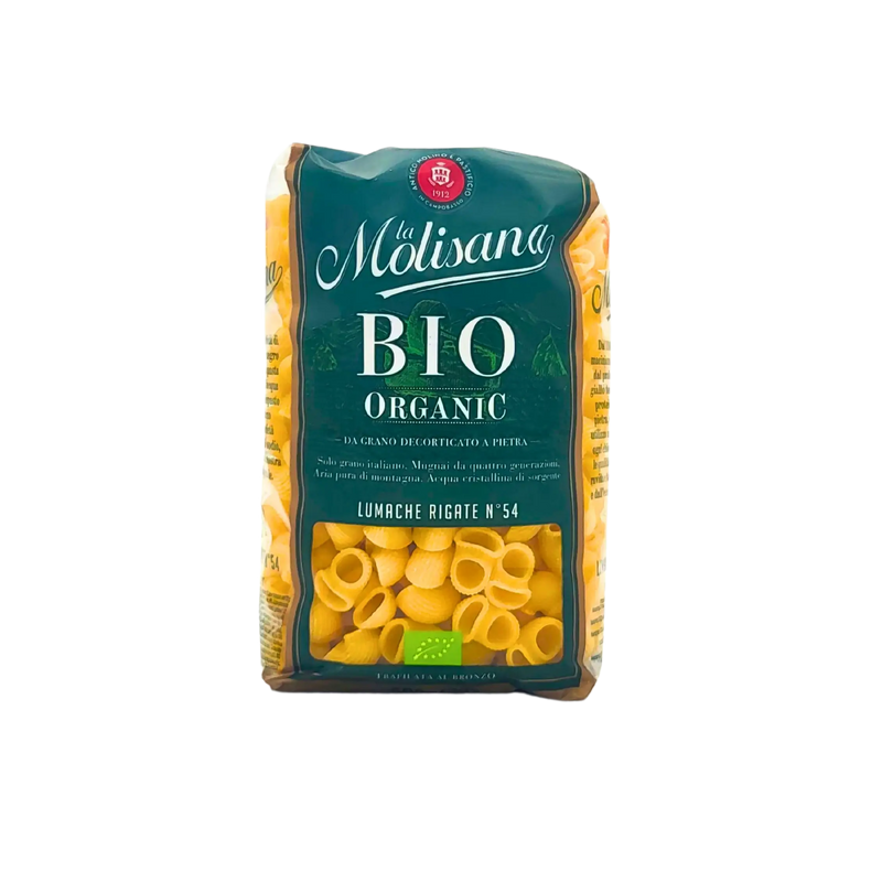 Pâtes bio Lumache Rigate La Molisana 500g - Vue avant avec design de l'emballage et logo.