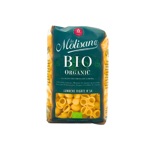 Pâtes bio Lumache Rigate La Molisana 500g - Vue avant avec design de l'emballage et logo.