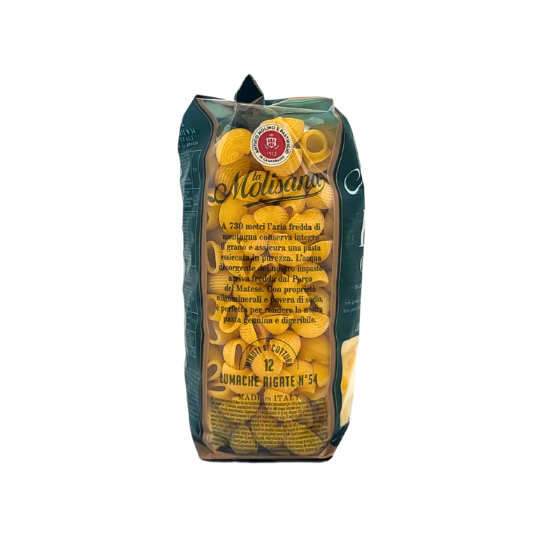 Pâtes bio Lumache Rigate La Molisana 500g - Vue latérale avec détails sur la composition.