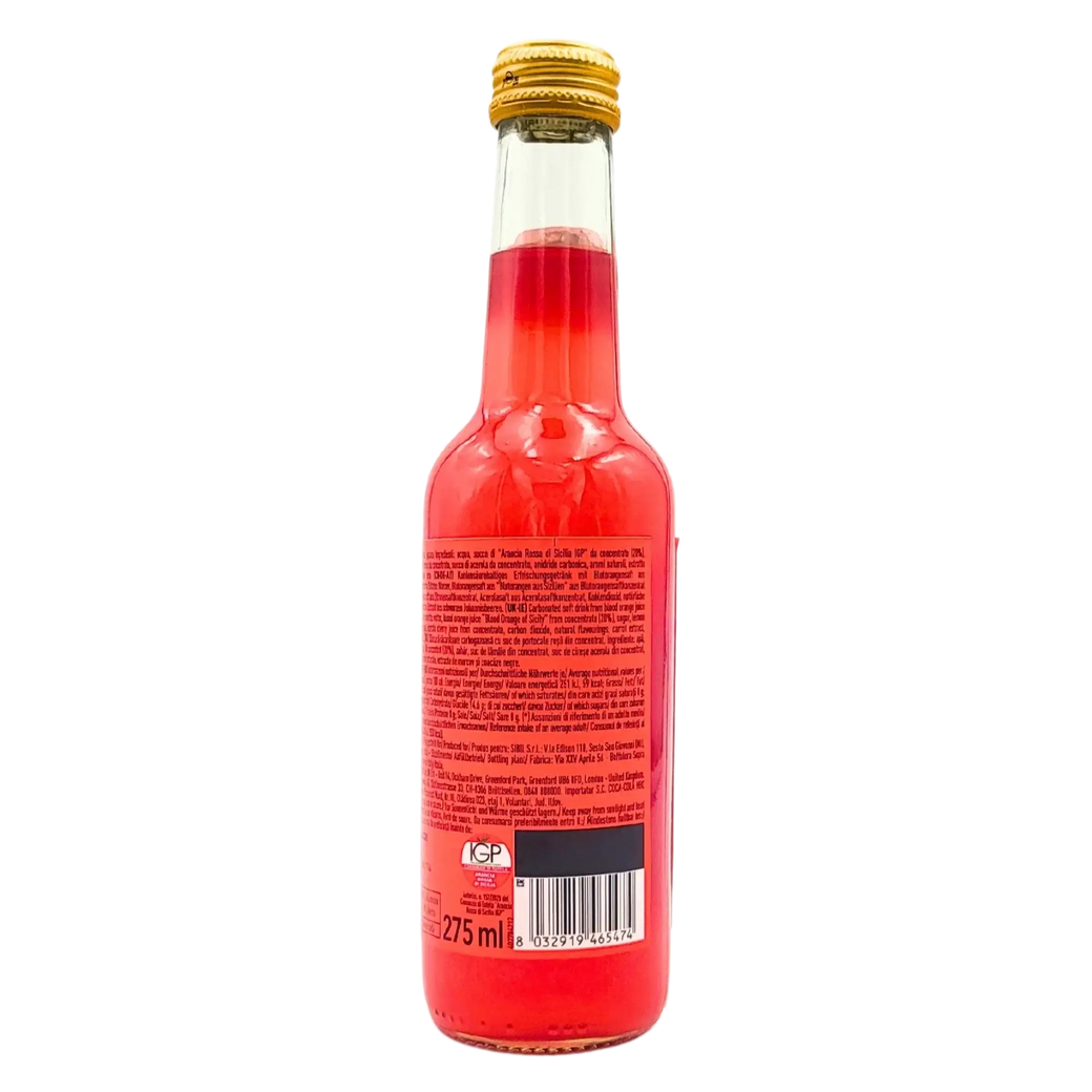 Flasche Lurisia Aranciata Rossa, kohlensäurehaltiges Getränk aus Blutorangen aus Sizilien IGP, 275ml