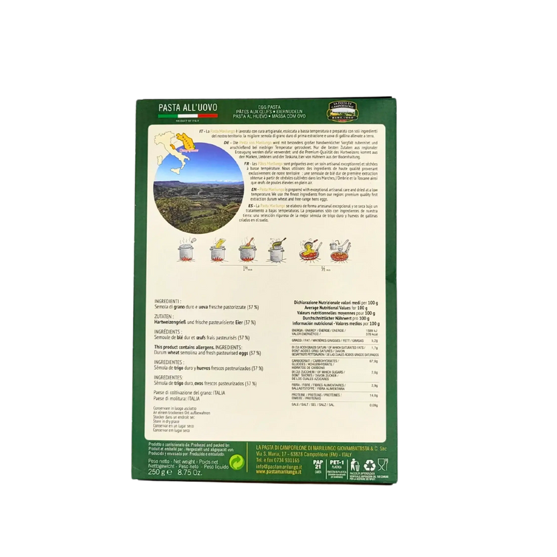 Informations nutritionnelles et ingrédients des Maccheroncini di Campofilone IGP, La Pasta di Campofilone, Marilungo, 250g.