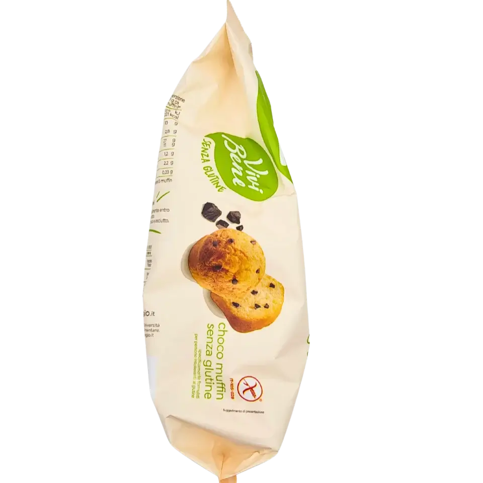 Glutenfreies Muffin-Packung Vivi Bene 250g, weicher Snack, geeignet für Glutenunverträgliche, Produktbild mit Muffins im Nahaufnahme.