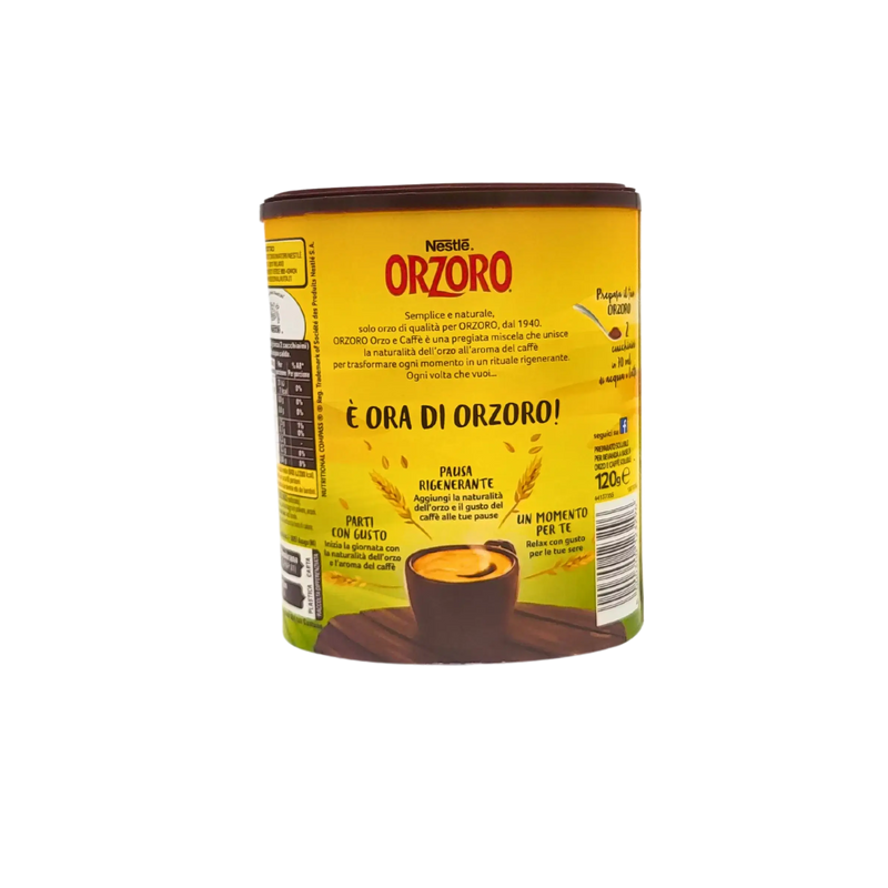 Dos de la boîte Nestlé Orzoro Orzo e Caffè Solubile Gusto Intenso 120g avec informations sur le produit.